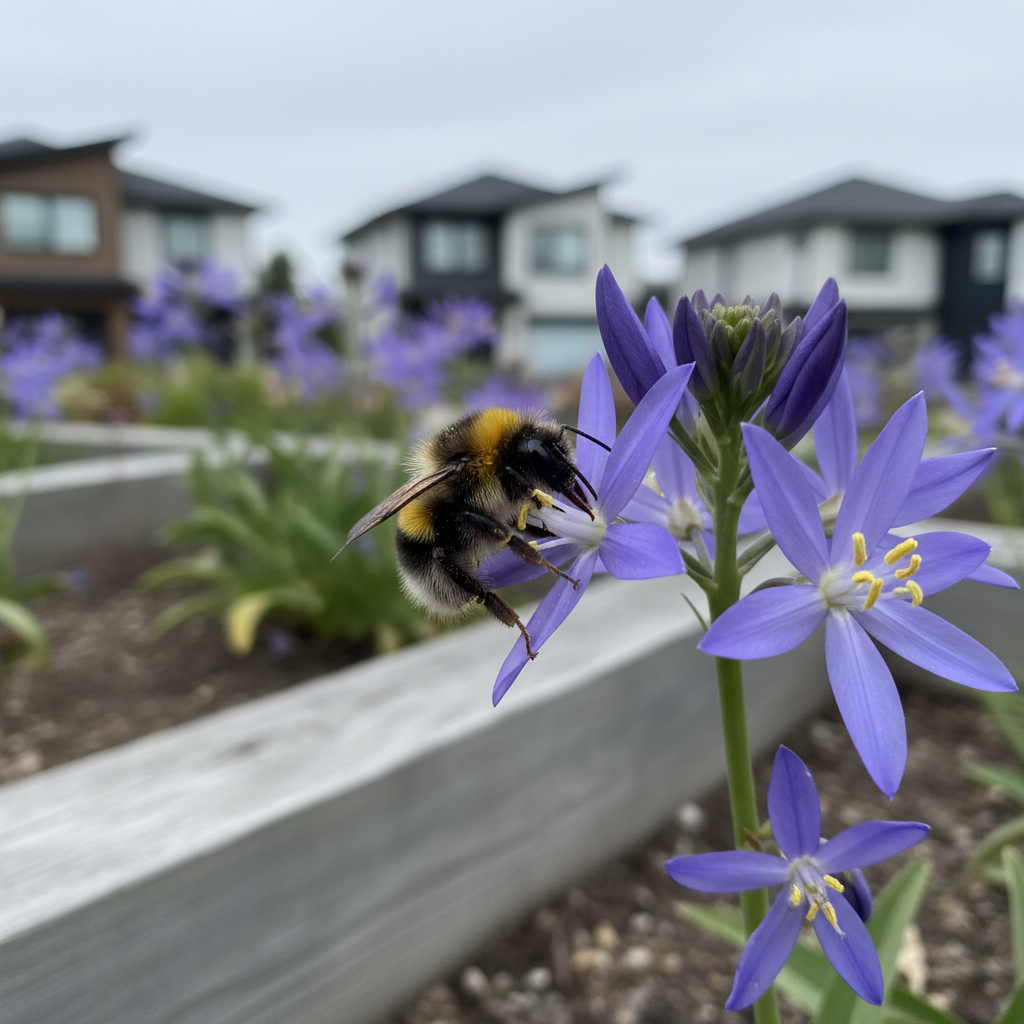 A detailed close-up of a native bumblebee delicately visiting a cluster of purple camas flowers in full bloom, their star-shaped petals opening over slender green leaves. The scene is set in a small urban pollinator garden bed in Victoria, BC, framed by weathered cedar edging and a hint of distant townhouse rooftops, softly blurred. Gentle overcast daylight creates diffused, even lighting that enhances subtle textures on the bee’s fuzzy body and the flower’s pollen-dusted stamens. Captured with a macro, shallow depth of field composition, the bee and one flower stalk are in razor-sharp focus while the surrounding blossoms melt into creamy bokeh, evoking a calm, informative, and reverent mood toward native pollinators in a realistic, documentary photographic style.