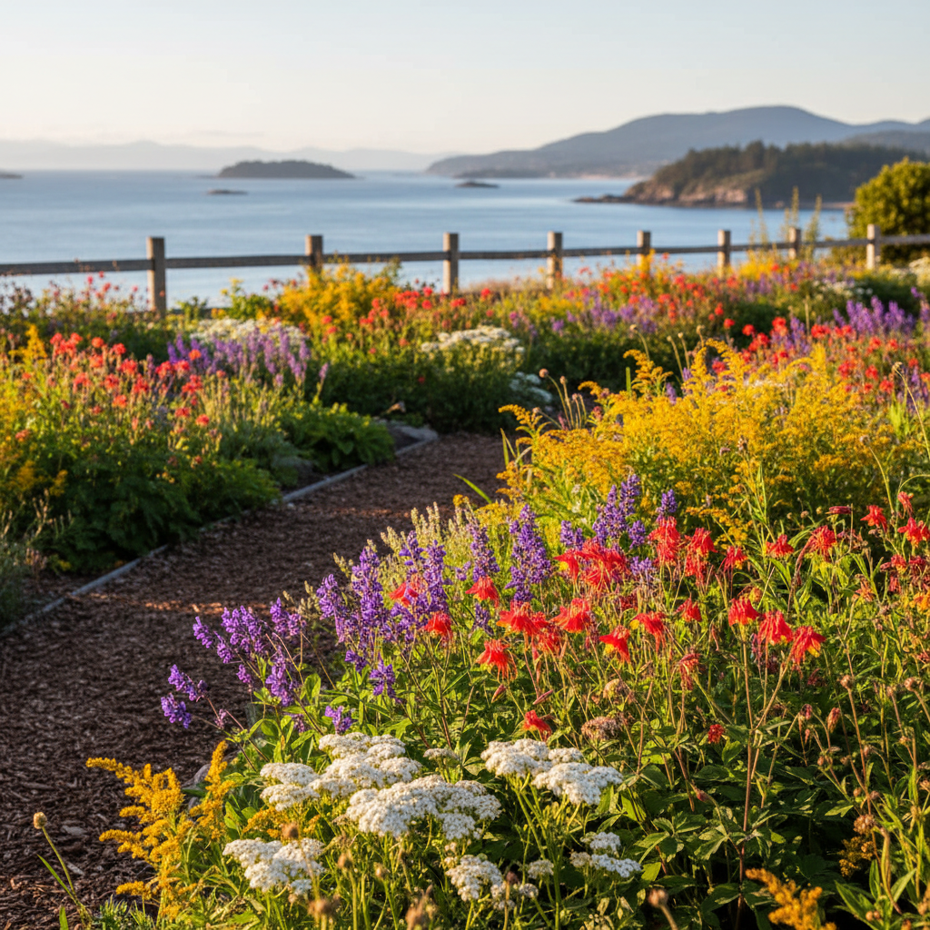 A vibrant mixed bed of native flowering plants from coastal British Columbia, including bright red columbine, purple camas, yellow seaside goldenrod, and white yarrow, filling the foreground with rich textures and colors. The plants grow in natural drifts along a gently curving mulch path, with a low wooden fence and a distant glimpse of Victoria’s coastline in the background. Late afternoon sunlight casts a warm, golden glow, creating soft highlights on petals and leaves and gentle shadows between stems. Photographed at eye level with moderate depth of field, the flowers are in crisp focus while the background softly blurs, conveying a professional, educational mood in clean, photographic realism for a native plant guide homepage hero image.
