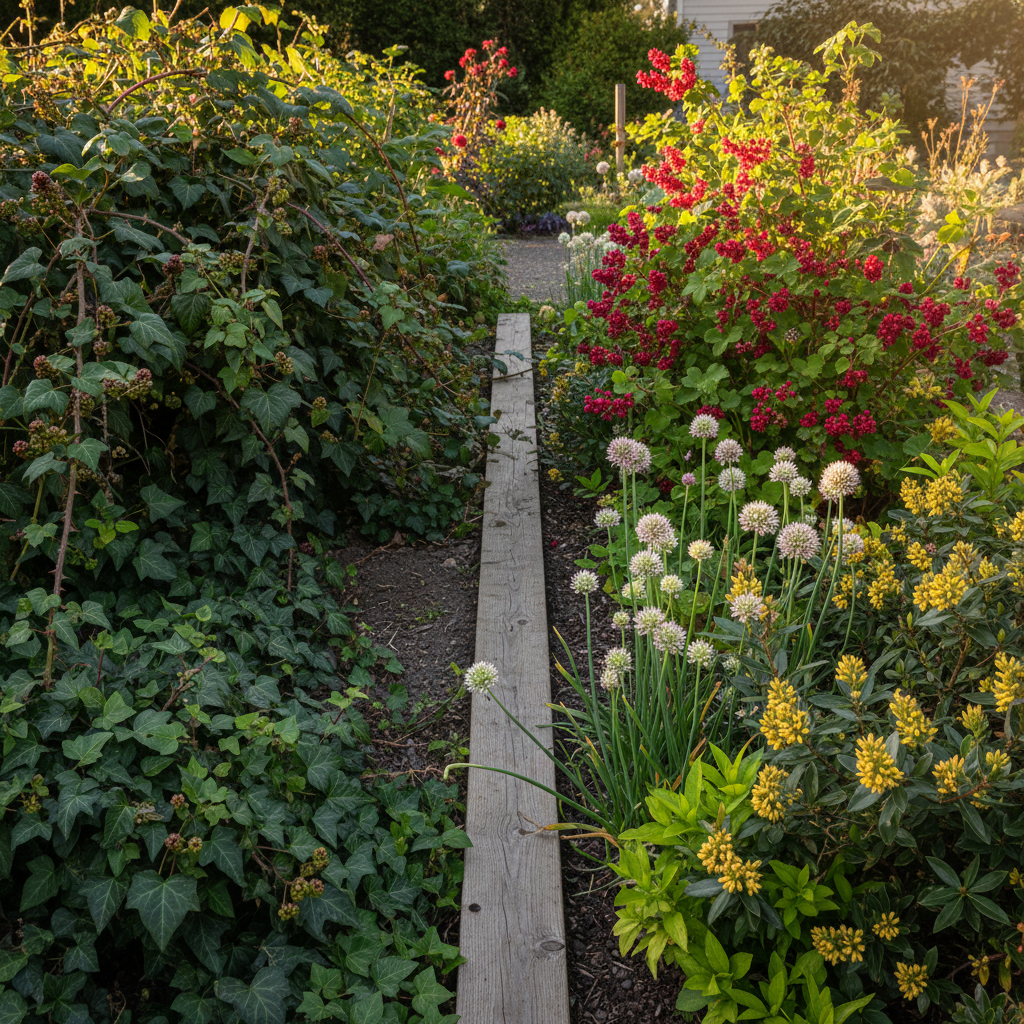 A side-by-side garden comparison showing a small front yard space divided into two clearly separated sections. On the left, dense, messy invasive species like English ivy and Himalayan blackberry form a dark, tangled patch with little visible flowering. On the right, a thoughtfully designed planting of native flowering species such as red-flowering currant, nodding onion, and Oregon grape creates a bright, layered tapestry of blooms and varied foliage. A simple untreated wooden divider board runs between the two halves. Soft, late-morning natural light illuminates the native side more strongly, drawing the eye. Shot from a slightly elevated angle with sharp focus throughout, the composition emphasizes the stark visual contrast and educational message, in clean, professional photographic realism suitable for a “before and after” explainer image.