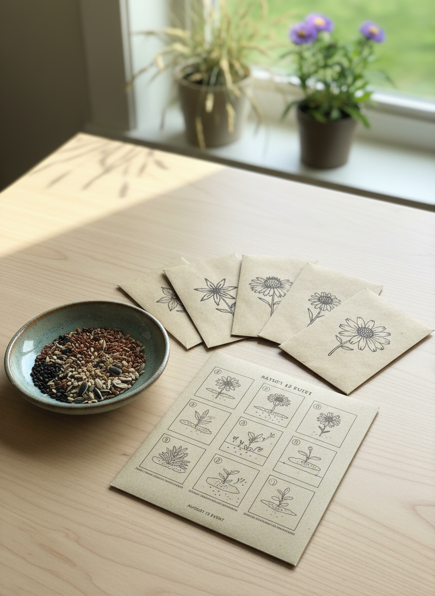 A focused still life of a native seed giveaway kit prepared for the August 12 event, arranged on a smooth, light wood table. Several small kraft paper seed envelopes, each marked with a simple hand-drawn icon of a specific native flower like Douglas aster or blanketflower, are fanned out beside a compact folded planting guide illustrated with diagrams instead of text. A shallow ceramic dish holds a mix of visible seeds of different sizes and colors. In the softly blurred background, a potted native flowering plant sits near a bright window. Soft, indirect afternoon light from the side creates gentle highlights on the paper texture and subtle shadows, with a clean, modern, photographic realism and a calm, organized atmosphere suited to a professional resource page.